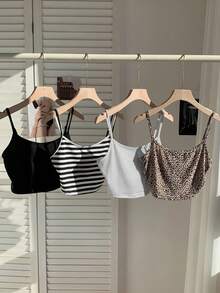 4 piezas Parte superior tipo camiseta de mujer con estampado de rayas, estampado de leopardo y sólido para verano y playa - Multicolor - Ver 1