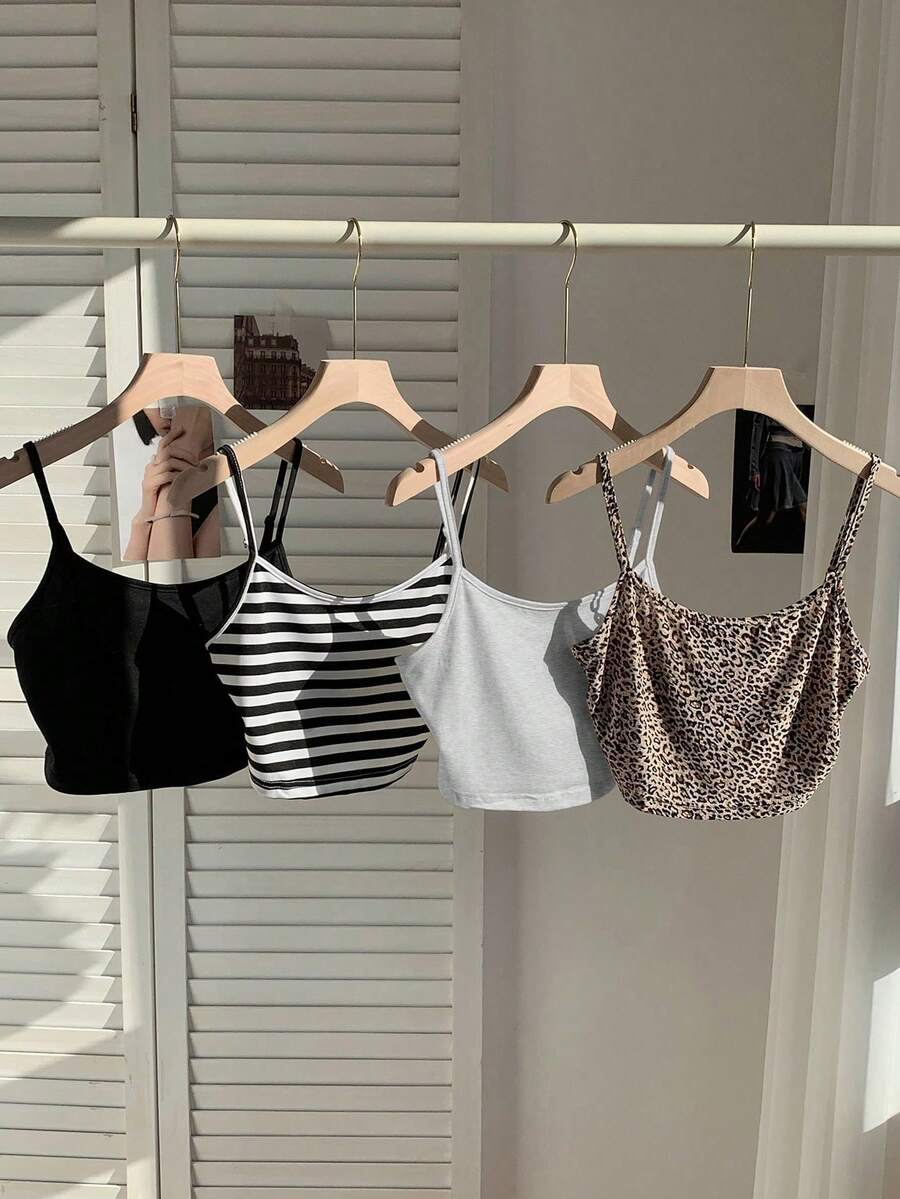 4 piezas Parte superior tipo camiseta de mujer con estampado de rayas, estampado de leopardo y sólido para verano y playa - Multicolor - Ver 1