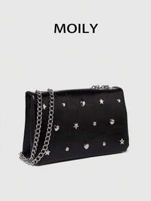 Bolso de hombro elegante de dama con 14 remaches, con elementos de estilo europeo versátil, bolso cruzado negro expandible de doble capa, bolso cuadrado pequeño de moda, adecuado para uso diario, citas, compras, fiestas de noche y diversas ocasiones. También es una excelente opción de regalo para días festivos. - Negro - Ver 3
