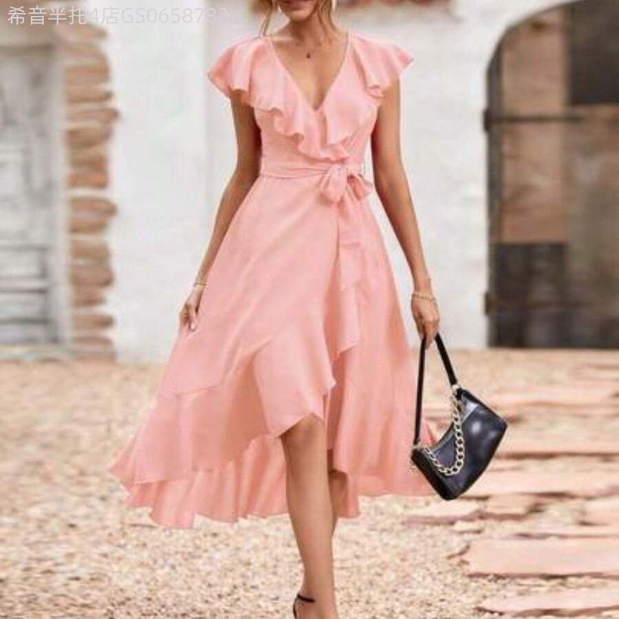 Fengyu Women's Clothing Store Vestido envolvente con cinturón y volantes de tela sólida para Año Nuevo, ropa de vacaciones y atuendos de playa para mujeres - Rosa - Ver 1