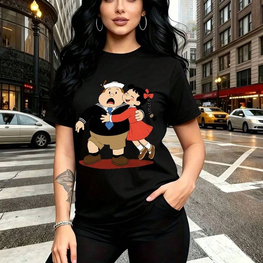 Camiseta de mujer con estampado divertido de abrazando a en colores vibrantes - camiseta casual de manga corta con cuello redondo, ajuste cómodo y suave al tacto, estilo urbano y nostálgico ideal para pasear por la ciudad, ir de comp - Negro - Ver 1