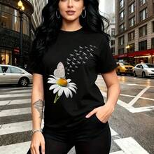 Camiseta de mujer con estampado floral de margarita blanca y mariposas plateadas - diseño artístico con detalles abstractos, ajuste casual y cómodo para el día a día, estilo urbano ideal para pasear por la ciudad o salir con amigas - regalo perfecto - Negro - Ver 8