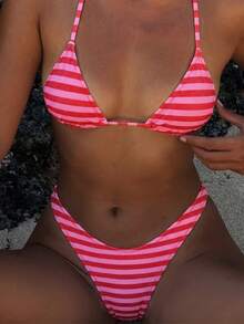 Women's Basic Striped Print Swimwear, Suitable For Various Occasions From Pool To Beach In Summer, Daily Mini Triangle Bikini Beach Outfit Vacation Red - Red - View 2