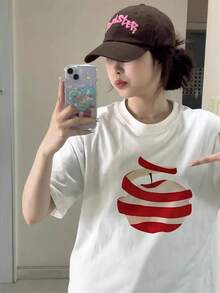 Nueva camiseta de verano para mujer con diseño de manzanas, versátil, de manga corta, corte holgado informal, adecuada para usar como prenda exterior, top de hombros regulares. - Blanco - Ver 4