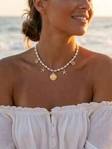 1pc Summer Ocean Golden Shell & Starfish Pendant Pearl Beaded Necklace For Women - Multicolor - View 1