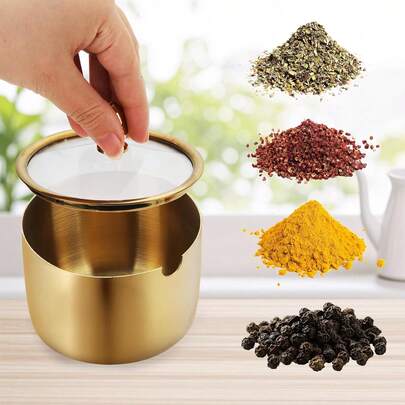 2 Pcs Stainless Steel Seasoning Box, Seasoning Storage Jars For Salt, Pepper And Sugar With Spoon And Clear See-Through Lid For Home Kitchen (Gold)