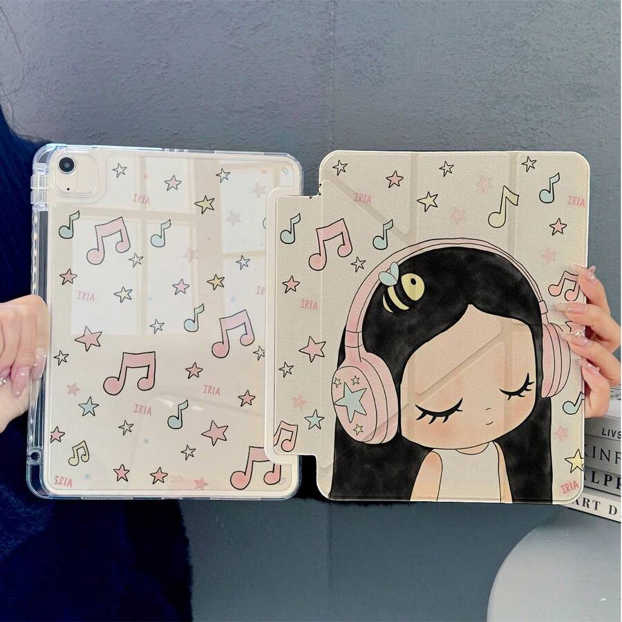 1件奶油色可愛卡通女孩粉色耳機音符星星滿版印花平板保護殼，附筆槽與自動休眠/喚醒功能，相容 iPad Pro/Air、Pad 5/6/21、Pad、MatePad、Honor Pad