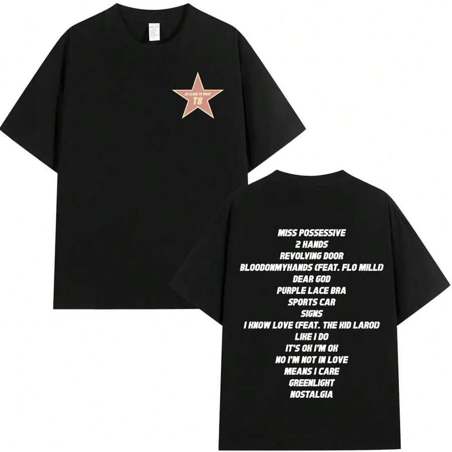 Camisetas Tate McRae So Close To What Miss Possessive Album Tour 2025 para Hombre y Mujer, Estilo Hip Hop, Manga Corta, 100% Algodón - Negro - Ver 1