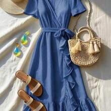 Vestido elegante de media longitud con cuello en V con volantes y ajustado para vacaciones para mujer de talla estándar - Azul - Ver 1