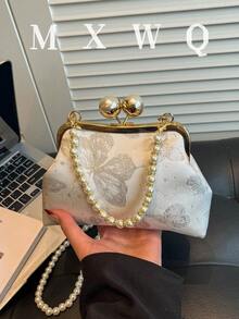 新款復古風布料珍珠鏈條扣女款手提包，優雅百搭斜挎包 - 灰色 - 查看 9