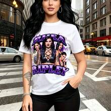 Camiseta de mujer con estampado del grupo de lucha libre "The Ripley Sisters" (Rhea Ripley, Liv Morgan y Dakota Kai) en letras moradas y blancas - camiseta casual de manga corta con cuello redondo, ajuste cómodo y moderno, estilo urbano y atrevido - - Blanco - Ver 10