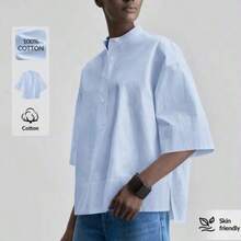 WNS Ontre 2026ss Blusa holgada de satén cómoda y suave para mujer, parte delantera corta y parte trasera larga, moda urbana moderna de negocios casuales para oficina, estilo retro discreto de alta gama, uso versátil para todo tipo de ocasiones como bodas, conciertos, viajes, con tela de alta calidad y estilo bohemio cómodo y transpirable - Azul - Ver 1