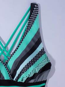 Maillot de bain une pièce sans manches col V profond patchwork rayures géométriques été 2026 plage vacances - Multicolore - Voir 7