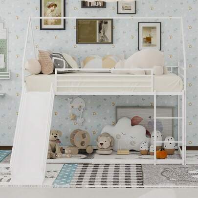 Goldicoo Etagenbett Twin über Twin mit Rutsche, Hausform Metallrahmen, Leiter, für Kinderzimmer