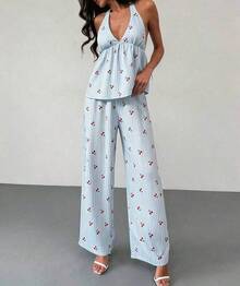 Conjunto de 2 piezas para mujer: top halter sin espalda de color sólido y pantalones de pierna ancha para vacaciones de verano. - Azul - Ver 8