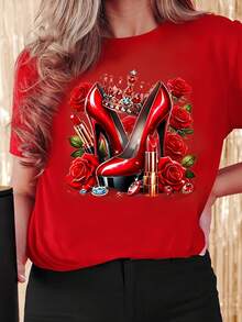 Camiseta de manga corta con cuello redondo para mujer, con estampado de rosas y tacones altos, estilo casual perfecto para primavera y verano. - Rojo - Ver 2