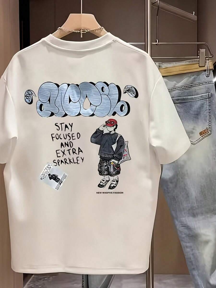 Camiseta gráfica para hombre con estampado de paisaje lunar y personaje pequeño en la espalda, manga corta, para ropa de calle, vacaciones de verano, uso diario, festivos - Negro - Ver 1