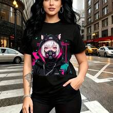 Camiseta de mujer con estampado futurista de chica con orejas de gato y máscara respiradora neón - camiseta casual de manga corta, ajuste cómodo y estilo urbano alternativo - ideal para paseos por la ciudad, salidas nocturnas y regalo perfecto para m - Negro - Ver 7