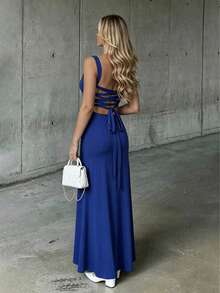 Robe élégante sans manches, couleur unie, fête d'été - Bleu azur - Voir 1