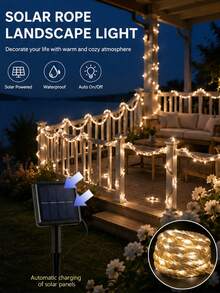 5m/10m White Hemp Rope LED Solar Waterproof String Lights –, Creating A Warm Atmosphere, Suitable For Decorative Lighting In Outdoor Courtyards, Gardens, Backyards, Terraces, Porches, Platforms And Lawns. - Solar Power - View 3
