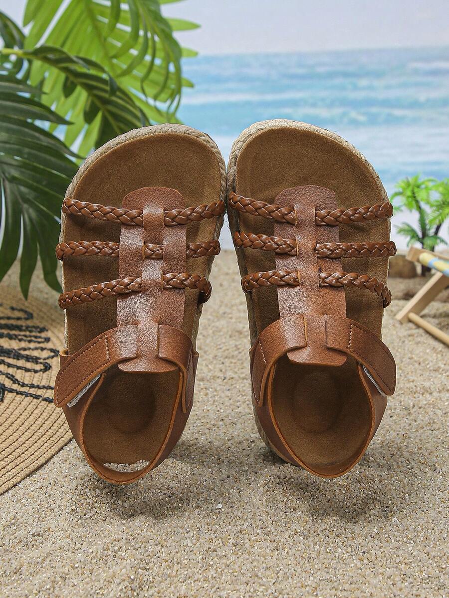 1 Pair Summer Kids Sandals, Fashion Solid Color Minimalist Hook & Loop Casual Vacation Party Beach Non-Slip Comfortable Outdoor Thick Sole Rope Open Toe Flat Sandals - Brown - View 1
