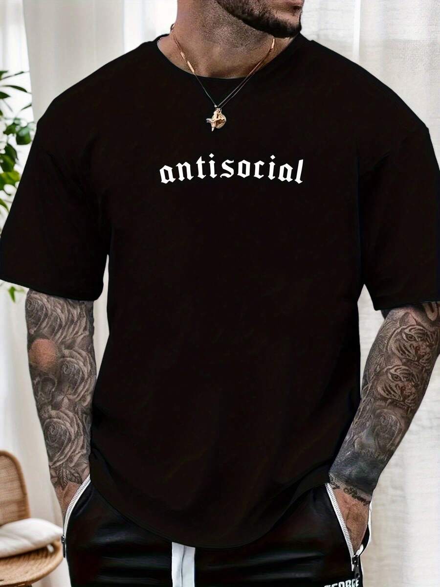 Toppar, Herr T-shirt med anti-socialt mönster för sommaren, avslappnad kortärmad t-shirt med rund hals, mjukt och luftigt tyg för vardagskläder, mångsidig för både avslappnade och formella outfits (kan tvättas i maskin) - Svart - Visa 1