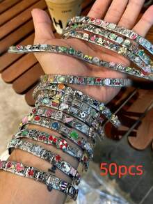 1/5/10/20/30/50pcs Random Mixed Color Steel Dual Chain Modules With Butterfly, Moon, Heart, Cherry Pendant, Detachable Bracelet Components - Multicolor - View 10