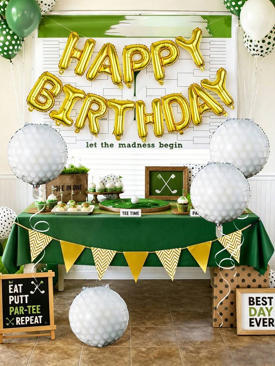 18pcs Golf Theme Birthday Party Balloon Set, Includes 18-Inch Golf Ball, Gold Birthday Letter Balloons And Triangle Bunting, Suitable For Golf Party Decoration, Sports Theme Party Decoration, Golf Balloons, Birthday Party, Graduation Party Decorations, Easy To Hang And Inflate