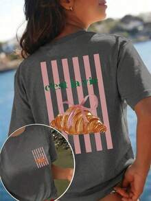 Women's Casual Short-Sleeved T-Shirt With A Bright Croissant And Striped Pattern, Featuring A Crew Neck Design, Perfect For Spring And Summer Wear. - Dark Grey - View 1