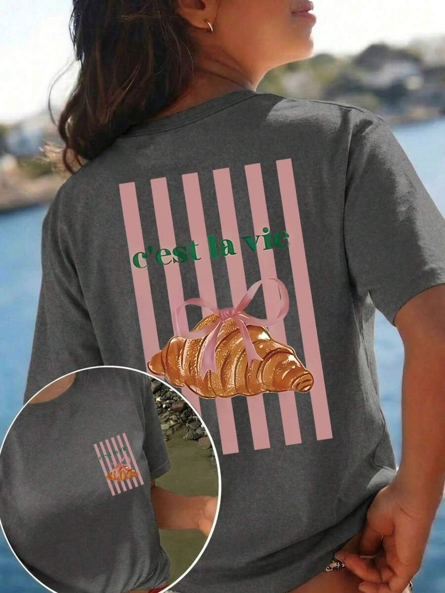 Women's Casual Short-Sleeved T-Shirt With A Bright Croissant And Striped Pattern, Featuring A Crew Neck Design, Perfect For Spring And Summer Wear. - Dark Grey - View 1