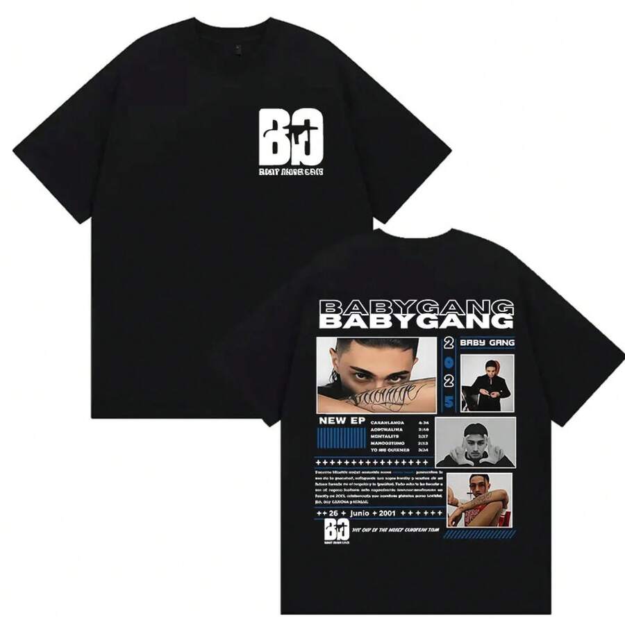 Camisetas de la gira de Rapper Baby Gang 2025, estilo retro gótico para hombre, camiseta de manga corta, ropa hip hop, camiseta de algodón de talla grande. - Negro - Ver 1