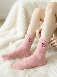 1/5 Pairs Women's Comfortable Heart Plush Socks, Soft Fluffy Warm Mid-Calf Socks, Suitable For Winter, Casual - Multicolor - View 6