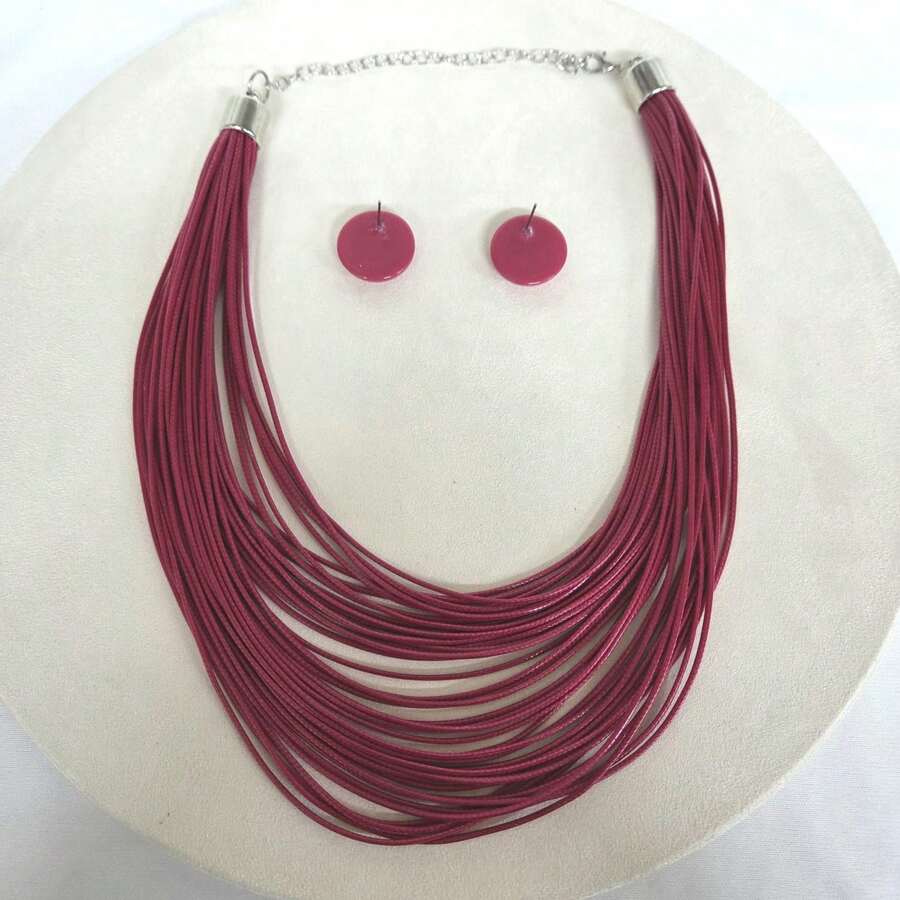 Maxi Waxed Multi-Strand Necklace Set With Button Earrings - 深粉紅色 - 查看 1