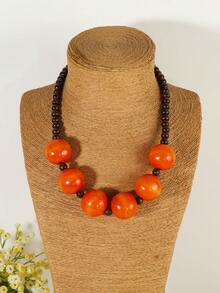 2026 European And American Fashion Short Wooden Bead Necklace Personalized Multicolor Necklace Bohemian Style - Hot Pink - View 3
