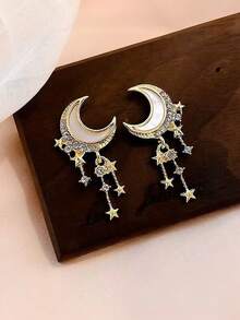 Rhinestone Moon & Star Decor Drop Earrings - Yellow Gold - View 3