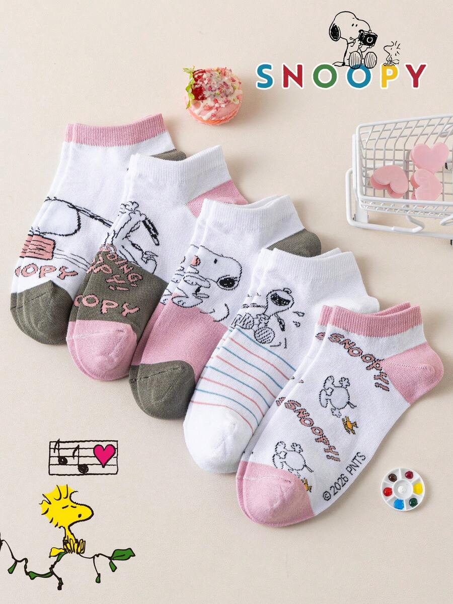 10/5/1 Pair Snoopy Women's Short Socks, Cartoon Puppy Pattern, Low Cut, Pink - Multicolor - View 1