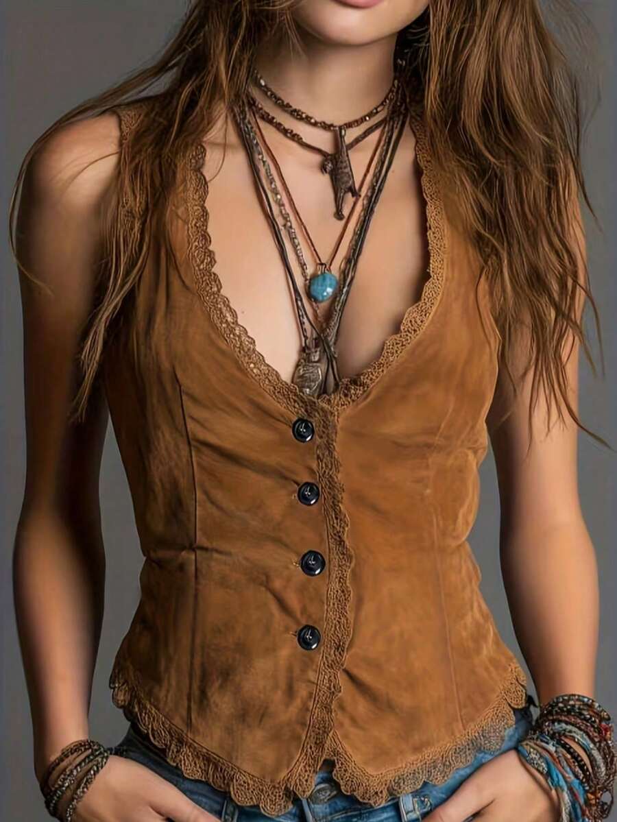 2026 Nuevo Camiseta sin espalda de mujer con cuello en V marrón, encaje de contraste, informal de primavera - amarillo terroso - Ver 1