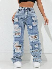 Jeans rectos de cintura alta con bolsillos laterales y abertura, estilo vintage Y2K, casual de primavera - azul real - Ver 1