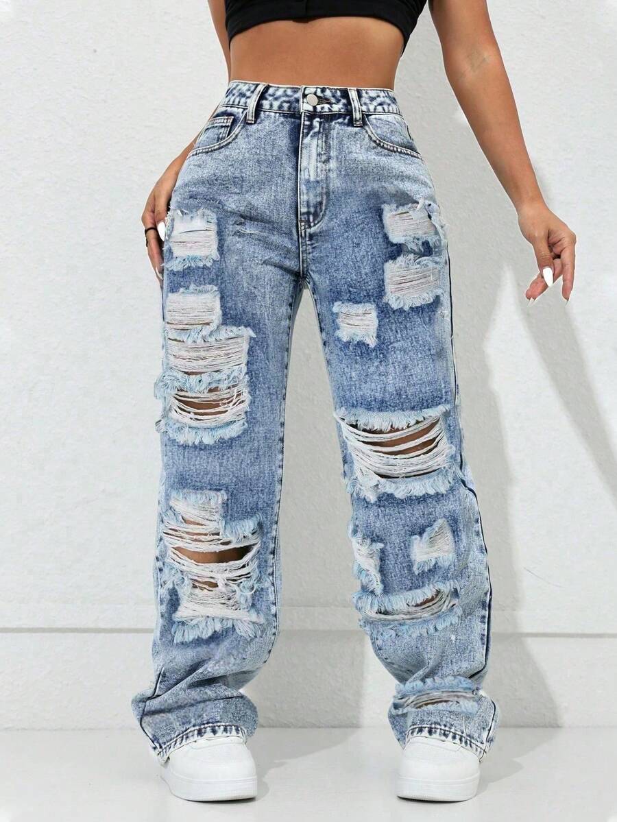 Jeans rectos de cintura alta con bolsillos laterales y abertura, estilo vintage Y2K, casual de primavera - azul real - Ver 1
