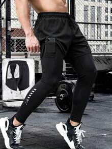 Celana Legging Ketat Olahraga Pria Musim Semi/Gugur, Celana Panjang Hitam untuk Kebugaran Luar Ruangan, Kain Elastis yang Nyaman, Desain Cetak Reflektif yang Modis - Hitam - View 5
