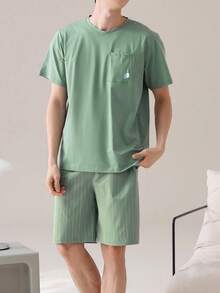 AICJ 男士纯色休闲宽松简约口袋圆领短袖格子短裤睡衣套装（2件套），适合春夏穿着 - 薄荷綠 - 查看 4