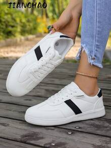 Damen Schwarz-Weiß Farbblock Sneaker, Retro-Stil Niedrig-Top Schnürschuhe, vielseitige flache Sportschuhe für den täglichen Gebrauch - Weiss - Übersicht 2