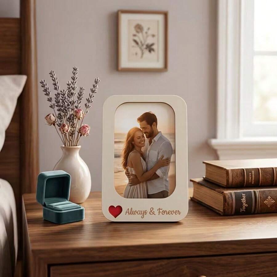 2D Flat Wooden Desktop Photo Frame Decor, Couple Memorial Frame, Wedding Desktop Frame, Home Photo Frame Decoration, Comes With Self-Adhesive For Wall Mounting - A - View 1
