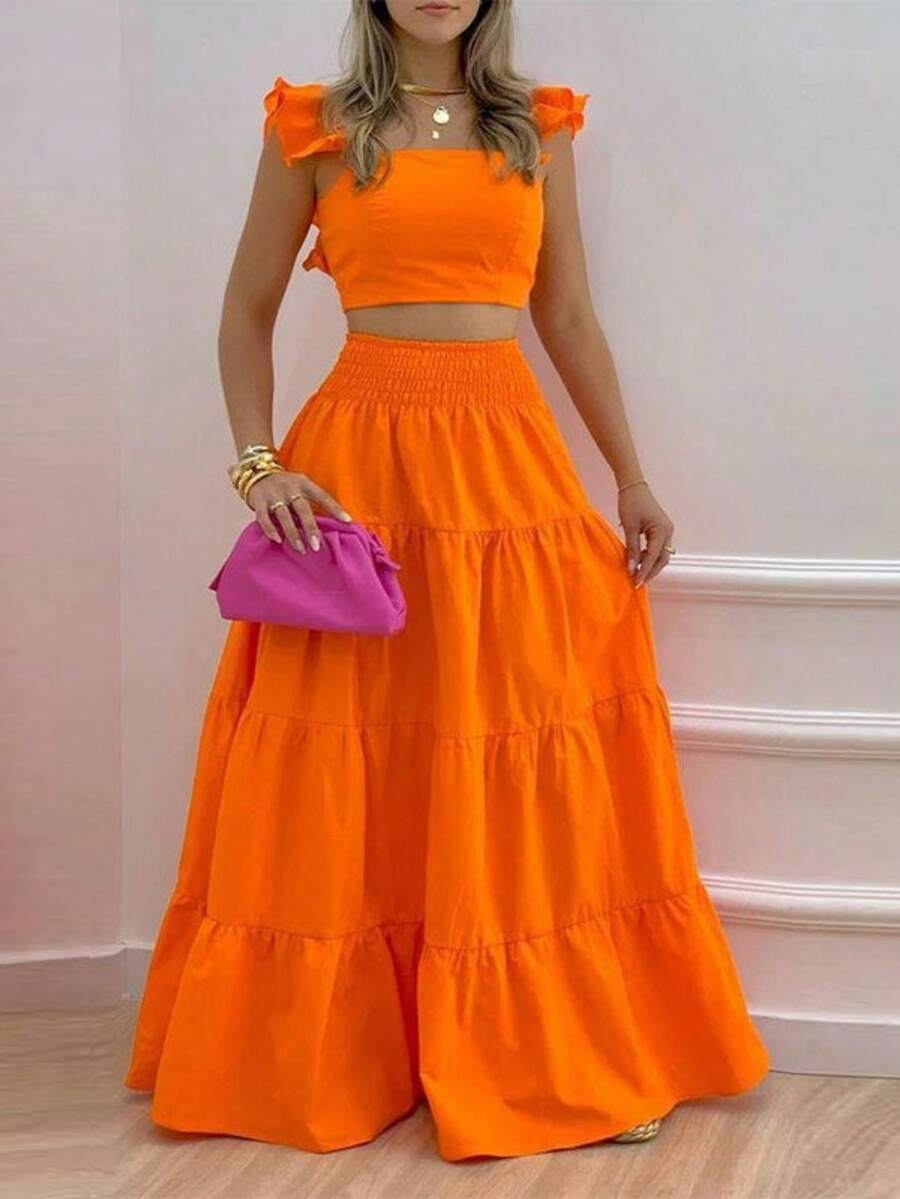Conjunto de Dos Piezas para Mujer, Top Corto con Volantes y Falda Larga de Volantes en Capas - naranja - Ver 1