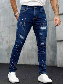 Men's Skinny Jeans With Rips And Paint Details - Royal Blue - View 2
