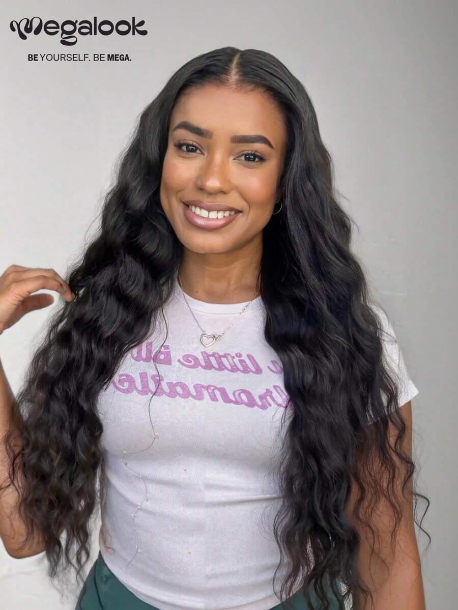 MEGALOOK Wig Lace Depan Bohemian Bergelombang Tiga Bagian 13x6, Garis Rambut Transparan, Dengan Tali Serut, Garis Rambut Alami yang Sudah Dicabut, Simpul yang Sudah Dibleaching, Wig Rambut Manusia
