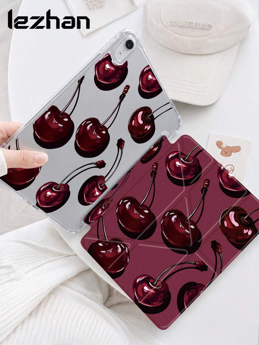 1pc Christmas Red, Retro Red Cherry Pattern Design Flat Tablet Protective Case, Upgraded Y-Fold, Multi-Angle Rotating Stand Tablet Protective Case, Compatible With IPad 10.2 Inch, IPad Pro 11 2021/2020/10th Gen/Mini/6th, 7th, Compatible With Samsung Galaxy Tab A8 10.5 Inch 2022, With Pen Slot, Anti-Drop, Tablet Stand Protective Shell, A Romantic And Practical Gift For Tablet Players - Multicolor - View 1