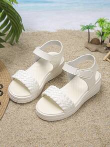 1 Par de Sandálias Plataforma de Verão para Meninas, Moda Minimalista Trançada, Fechamento Prático com , Adequado para Uso Diário, Exterior, Praia, Sola Grossa, Confortável, Sandálias de Salto Alto com Bico Aberto para Crianças - Branco - Visão 2