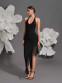 Vestido de mujer con cuello halter, de punto, con flecos y patchwork, estilo nuevo europeo & americano, para vacaciones, fiesta de noche, sexy, ajustado, para festival familiar, color negro - Negro - Ver 7