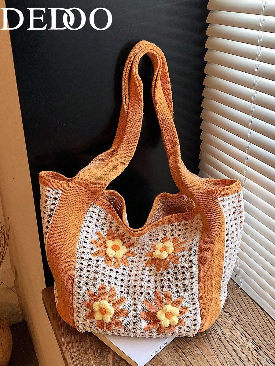 Dedoo Bohemian Style Women's Handbag, Large Capacity Open-Top Tote, Beach Bag, Travel Accessory, Woven Texture, Suitable For Work, School, Beach, Crochet, Holiday (Flower Color/Position Random) (Strap Color/Pattern Random)